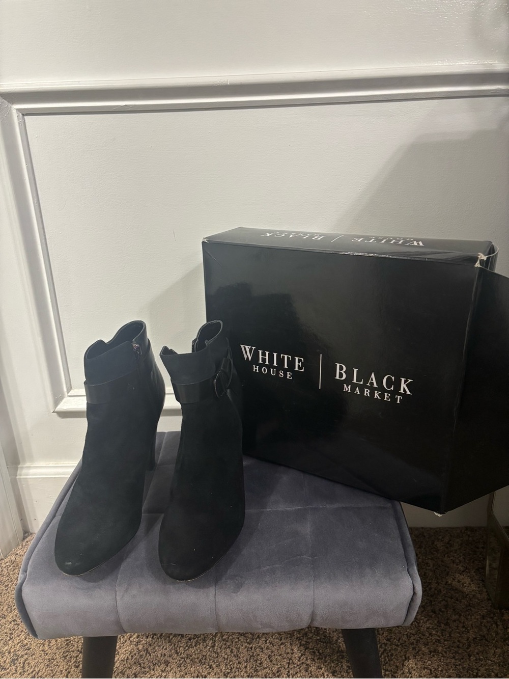 White House Black Market Black Suede Ankle Booties with Side Buckle